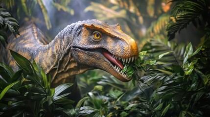 Obraz premium A realistic dinosaur enjoys some leaves surrounded by lush green plants