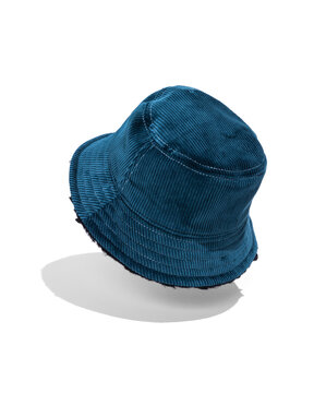 A floating blue bucket hat on a white background.