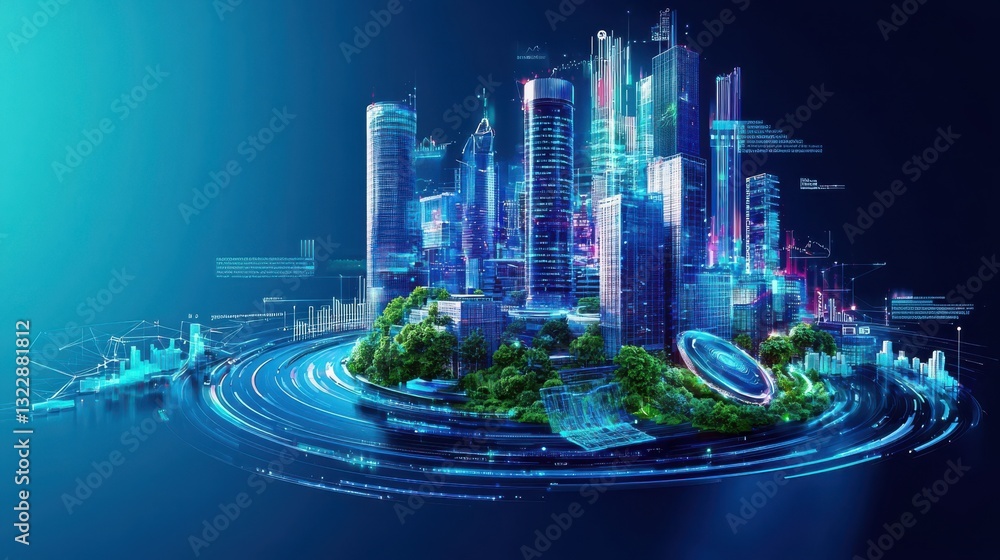 Aufkleber data engineer workload infographic concept. illuminated futuristic cityscape with sustainable infras