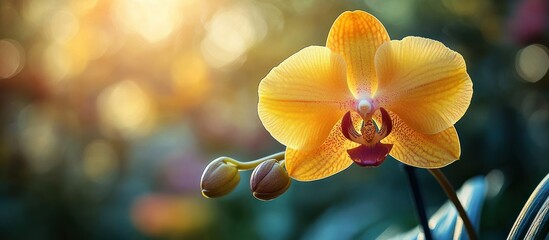 Vibrant Yellow Orchid in Soft Natural Light with Buds on Green Leaves in Garden Setting