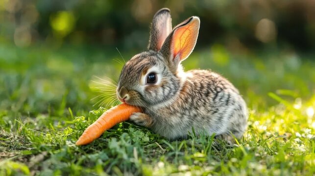 A small fluffy rabbit eating a bright orange carrot on grass - Powered by Adobe