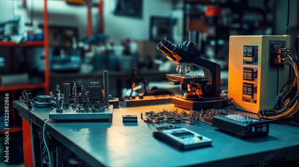 Poster laboratory workspace with microscope and electronic components