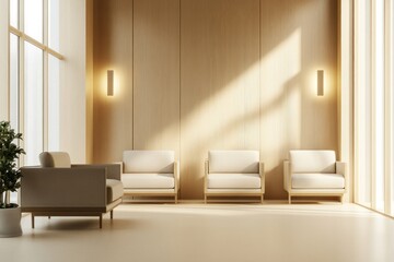 Minimalist waiting area with sunlight, wood wall, and modern armchairs.