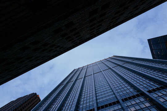 High rises against an evening blue sky