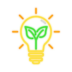 A vibrant neon illustration of a glowing yellow lightbulb containing a green sprout, symbolizing eco-friendly innovation, sustainability, and renewable energy