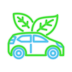 A vibrant neon illustration of an eco-friendly car with glowing green leaves, symbolizing sustainability, electric vehicles, clean energy, and environmental awareness
