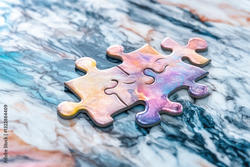 Poster two iridescent jigsaw puzzle pieces connected on a marble surface showing teamwork and problem solvi