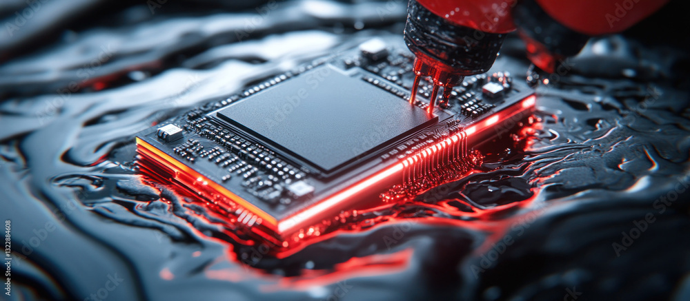 Poster close-up of circuit board with red glow in dark fluid for technology and innovation concepts