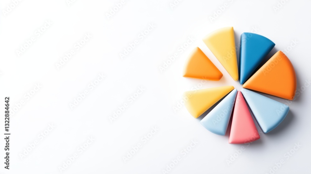 Poster colorful pie chart segments arranged on a light background, illustrating data visualization or creat