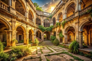 Naklejka premium Golden Hour Illumination of a Deserted Architectural Marvel's Courtyard, Featuring Intricate Arches and Lush Vegetation