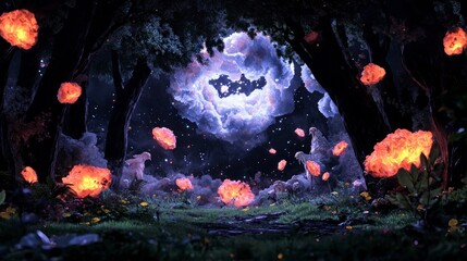Enchanting AI Generated Fantasy Forest  Glowing Flowers  Mystical Creatures  Night Sky