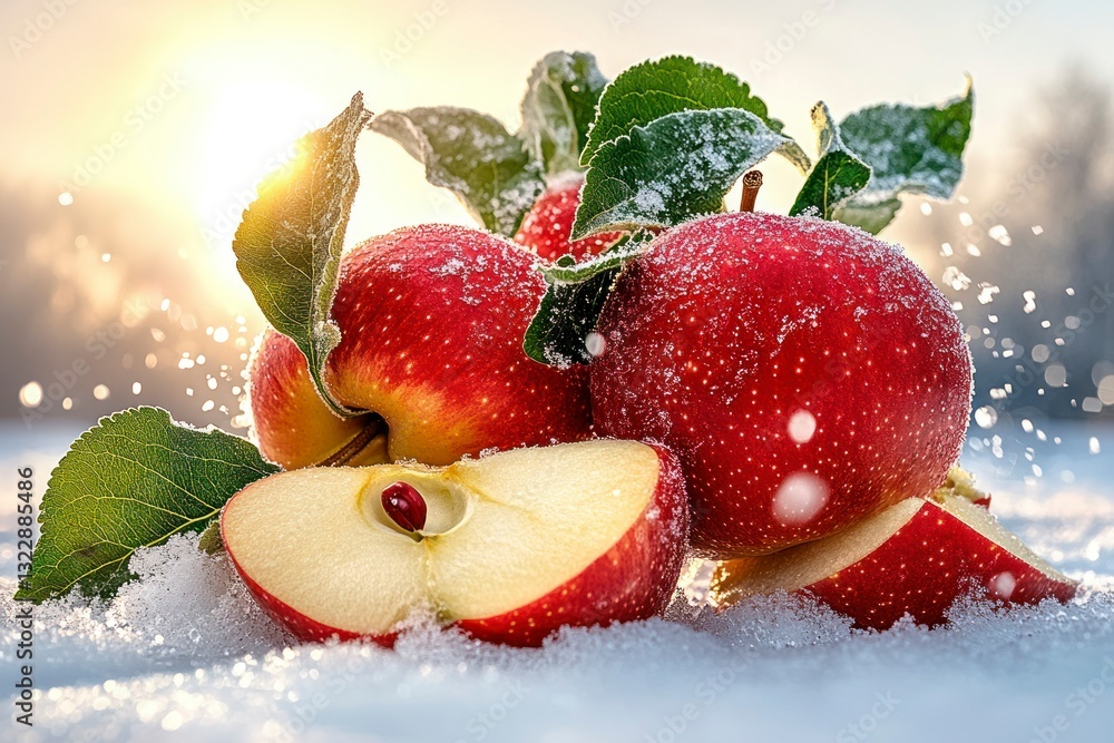 Poster fresh red apples surrounded by sparkling snow with sunlight in background