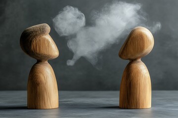 Two wooden figurines engage in a conversation with smoke between them
