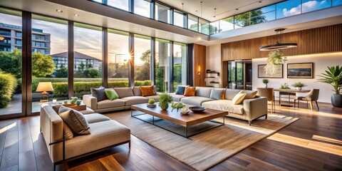 Naklejka premium Modern Living Room Design: Spacious Layout & Natural Light - Architectural Photography