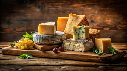 A close-up shot of a wooden board with various types of cheese arranged artfully on it, showcasing the texture and color variations of each cheese type , still life, table setting