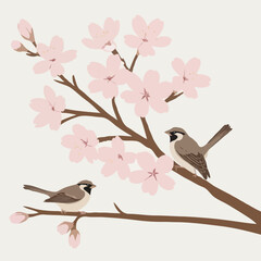 two small birds perched on a branch of a blooming cherry blossom tree, a beautiful illustration