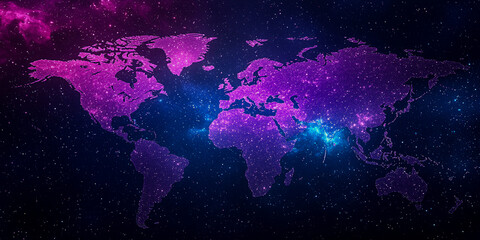 Naklejka premium A vibrant, cosmic map of the world in purple and blue hues, showcasing continents against a starry background.