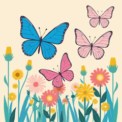 colorful butterflies fluttering around vibrant flowers in a whimsical garden scene. Butterflies with different colors are shown along with some flower