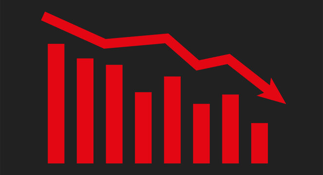 Red downward chart. Financial market crash with red arrow. Flat vector illustration isolated on white background.
