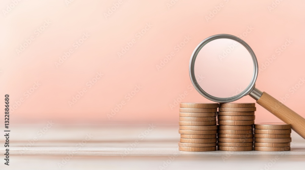 Poster a close-up of stacked coins with a magnifying glass highlighting the top stack, set against a soft p