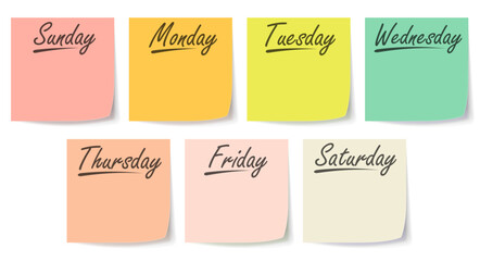 7 days multi-colored stickers for all seven days of the week. Names of the days of the week. Delicate shades. 3D realistic vector illustration isolated on white.