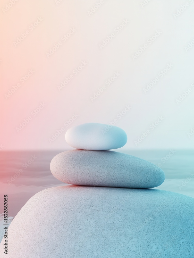 Aufkleber Experience tranquility with smooth pebbles balanced on a serene pastel background ideal for meditation or relaxation purposes