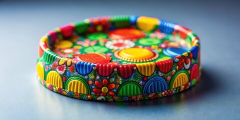A colorful plastic bottle cap with vibrant hues and unique patterns, showcasing its individuality against a plain background, bottle cap design, close-up