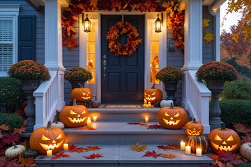 Obraz premium Halloween Porch Decoration Ideas with Carved Pumpkins Flickering Candles and Autumn Leaves