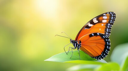 Obraz premium A vibrant orange butterfly rests delicately on a green leaf, surrounded by a soft, blurred background of warm colors.