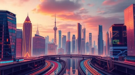 Fototapeta premium Stunning Sunset Over Futuristic City Skyline with Reflections