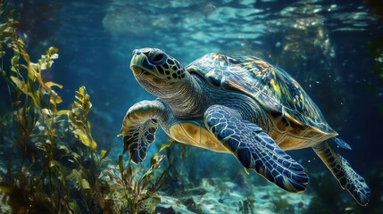 Obraz premium A large sea turtle swims gracefully through clear ocean water