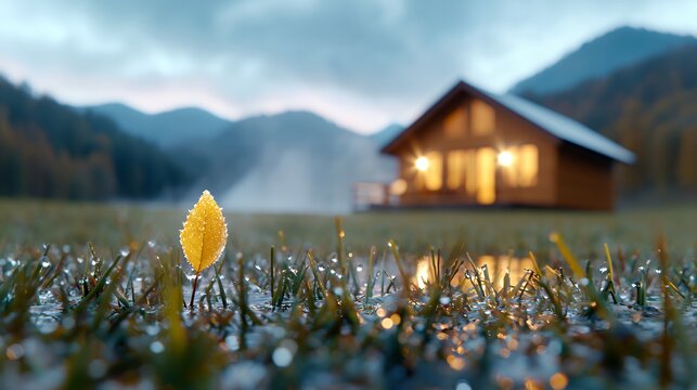 Lone Leaf Stands Tall in Dewy Grass Near Cozy Cabin - Powered by Adobe