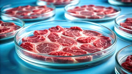Microscopic view of lab-grown meat cells in a petri dish, culture, biotechnology,  culture