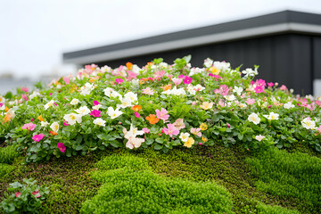 Vibrant, colorful flowers blooming on a lush green moss bed. Perfect for spring, summer, or garden themes.