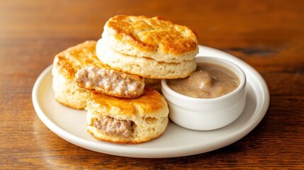Fluffy golden brown biscuits sandwiching flavorful sausage gravy atop wooden kitchen table cozy and warm