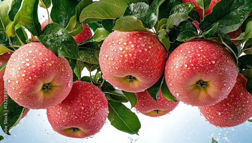 Poster fresh apples with water droplets hanging on tree branch in natural setting