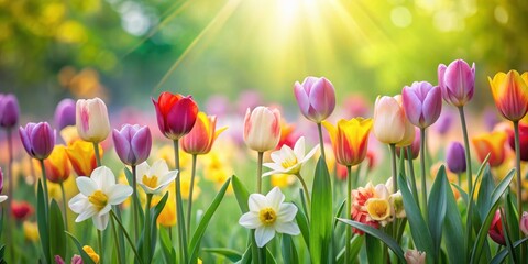Obraz premium Vibrant tulips and daffodils surround a lush greenery backdrop with soft pastel hues, evoking feelings of renewal and growth , garden background, nature