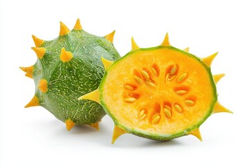 Fresh kiwano melons in vibrant studio shot showcasing unique spiky texture and refreshing tropical fruit profile