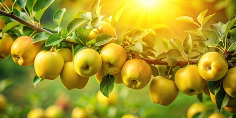 Panoramic Autumn Apple Orchard: Golden Apples, Lush Green Leaves, Juicy Fruit, Branching Apple Trees