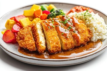 Delicious japanese chicken katsu set meal with white rice and vibrant mixed vegetables presentation