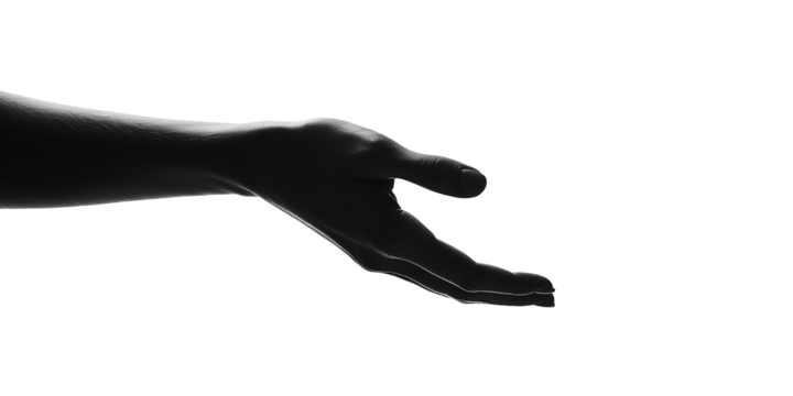 Black silhouette hand gesture, transparent background PNG format, perfect for art design and creative use, minimalist style, beautifully presented.