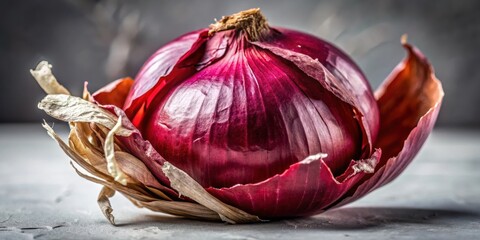 Close-up image of a fresh red onion bulb with its papery skin wrinkled and slightly torn