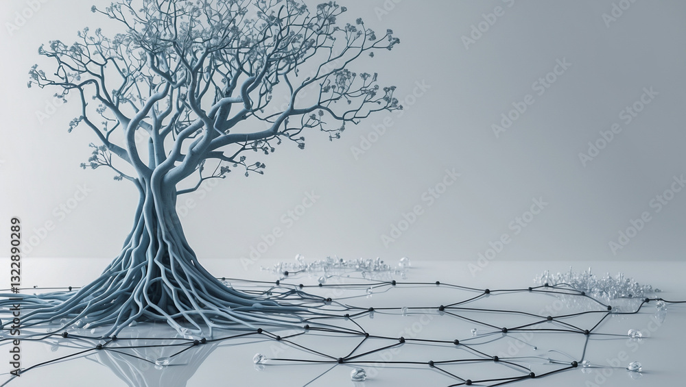 Poster futuristic technology tree with digital neural roots