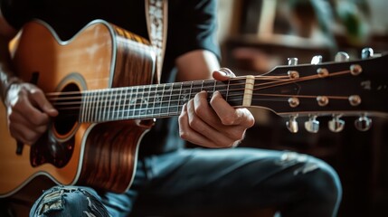 Fototapeta premium A musicians hands playing an acoustic guitar instrument strings