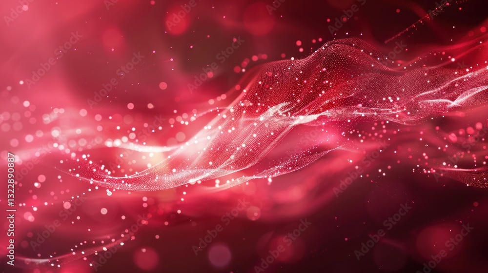 Poster abstract red wave with glowing particles in a dark background