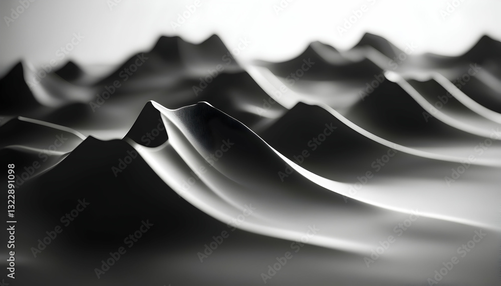 Poster abstract grayscale image of undulating, flowing forms resembling a minimalist mountain range or text