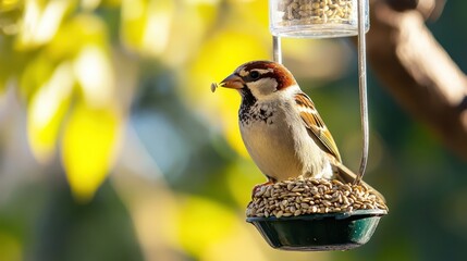 Naklejka premium A small bird perches upon a bird feeder eating seeds outside