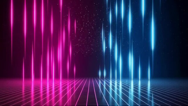 Futuristic neon pink and blue vertical light streaks in a digital cyber space