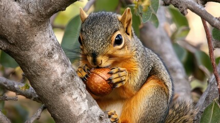 Obraz premium A close up view of a squirrel eating a nut