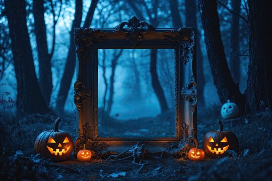 Haunting Halloween Frame with Spooky Blue Background and Mysterious Shadows